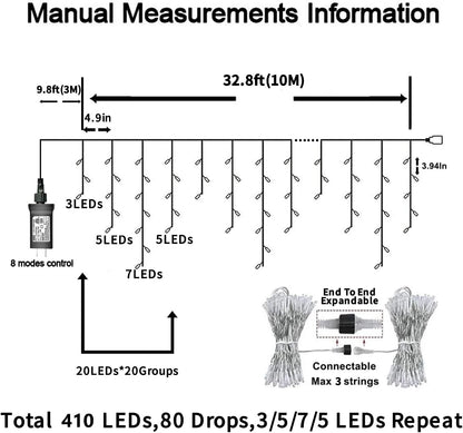 33Ft 410 LED Christmas String Lights White Fairy Lights Led Icicle Christmas Lights Plug-In for Christmas, Holiday, Wedding (Cool White)