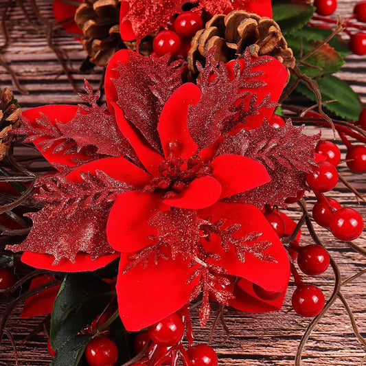 10 Pcs Christmas Glitter Poinsettia Faux Flowers Christmas Flowers Decorations Wedding Xmas Tree New Year Ornaments (Light Red)