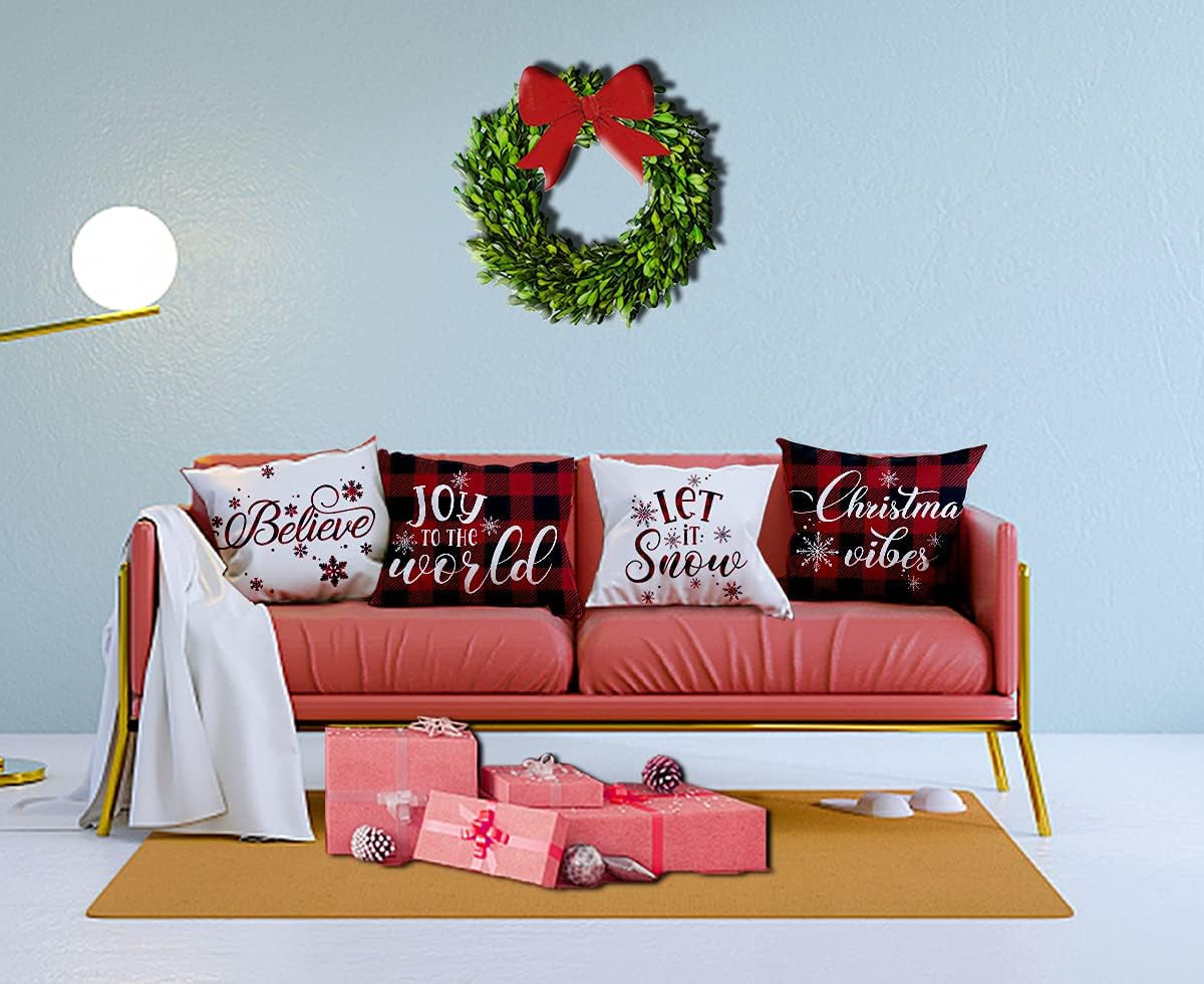 22X22 Christmas Pillow Covers, Decorative Farmhouse Christmas Vibes Believe Buffalo Plaid Let It Snow Outdoor Pillow Shams Cases Slipcovers Set of 4 for Couch Sofa