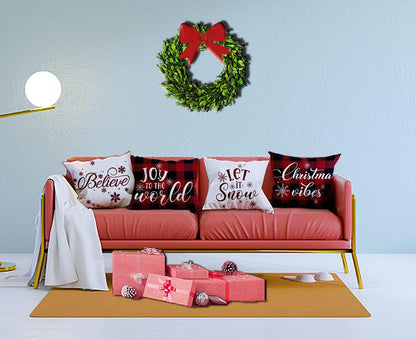 22X22 Christmas Pillow Covers, Decorative Farmhouse Christmas Vibes Believe Buffalo Plaid Let It Snow Outdoor Pillow Shams Cases Slipcovers Set of 4 for Couch Sofa