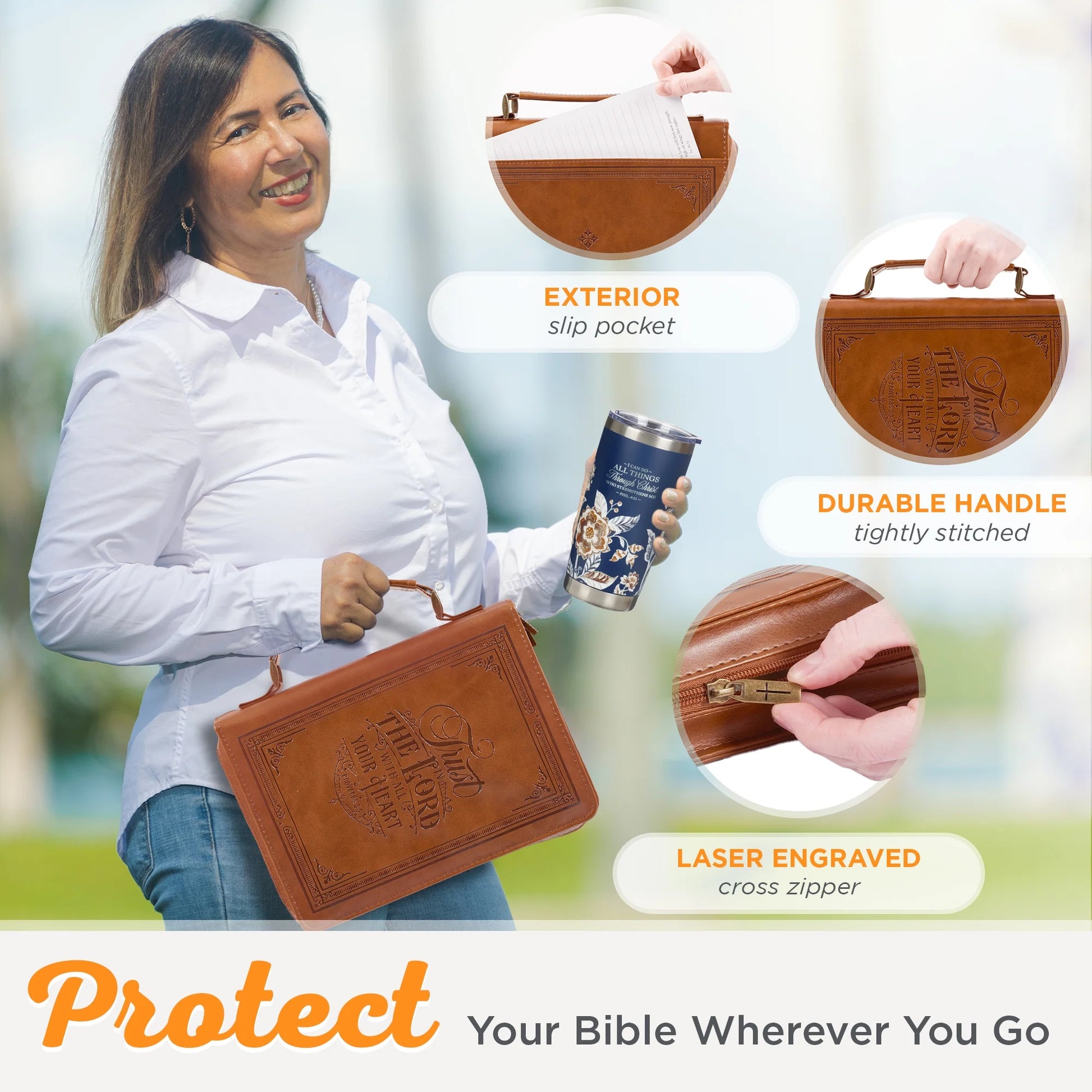 Classic Vegan Leather Bible Cover for Men & Women: Trust in the Lord Inspirational Bible Verse, Sturdy Easy Carry Book Case, Pen Loops, Pockets, Accessory Storage, Brown, XL