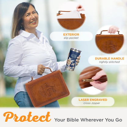 Classic Vegan Leather Bible Cover for Men & Women: Trust in the Lord Inspirational Bible Verse, Sturdy Easy Carry Book Case, Pen Loops, Pockets, Accessory Storage, Brown, XL