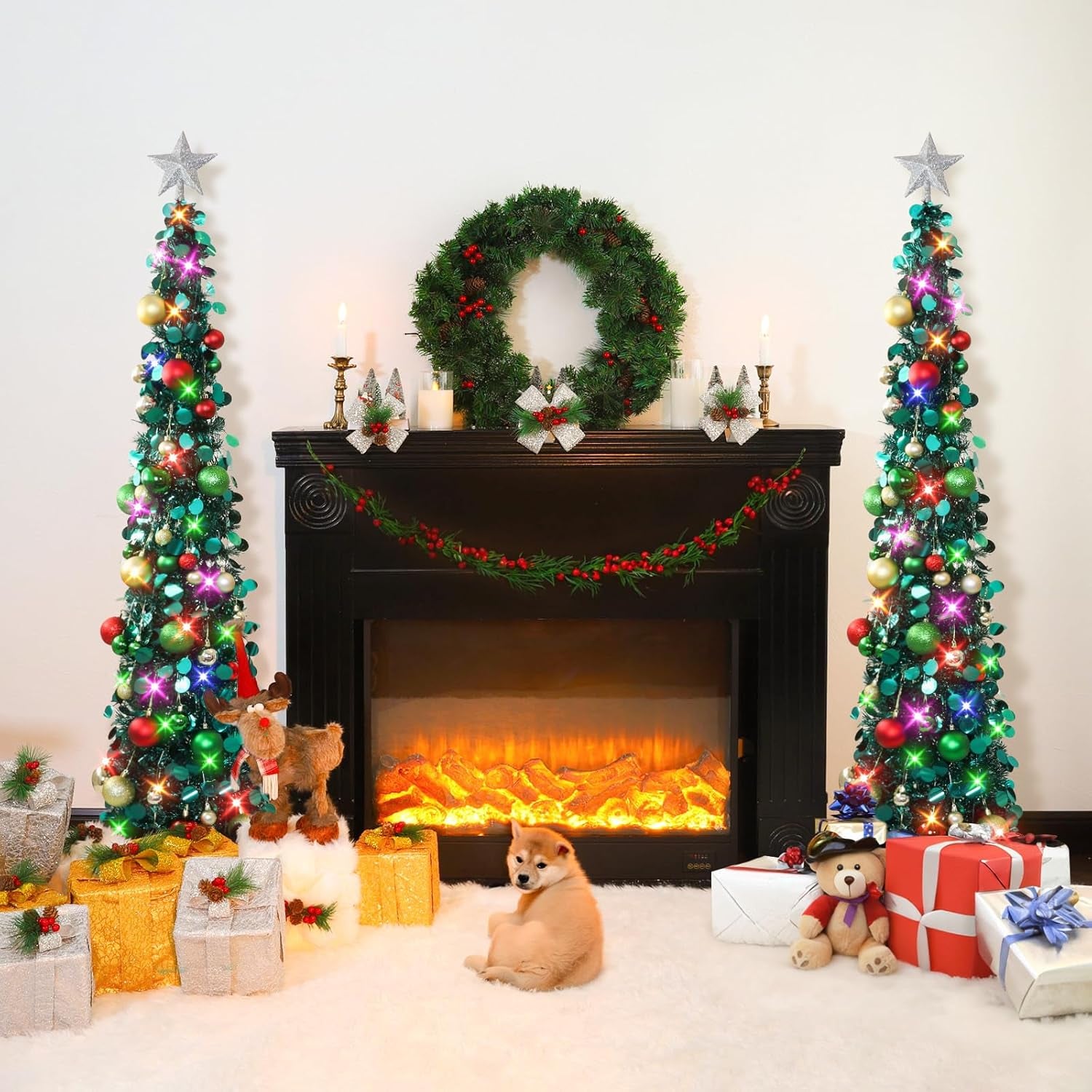 Pop up Christmas Tree with Lights, Collapsible Tinsel Xmas Tree Decorations, Pencil Christmas Tree Skinny Tree for Holiday Xmas Home Office Decor, 30 Balls, 5Ft, Peacock Blue