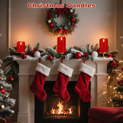 Flameless Candles Lights, Set of 3 Red Flickering LED Candles with Remote & Timer, Dimmable LED Pillar Candles Battery Operated, Electric Candles for Home Thanksgiving Christmas Decor
