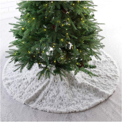48" D White Plush Christmas Tree Skirt with Snowflake,Xmas Tree Ornaments Skirt for Holiday Christmas Party Home Decorations