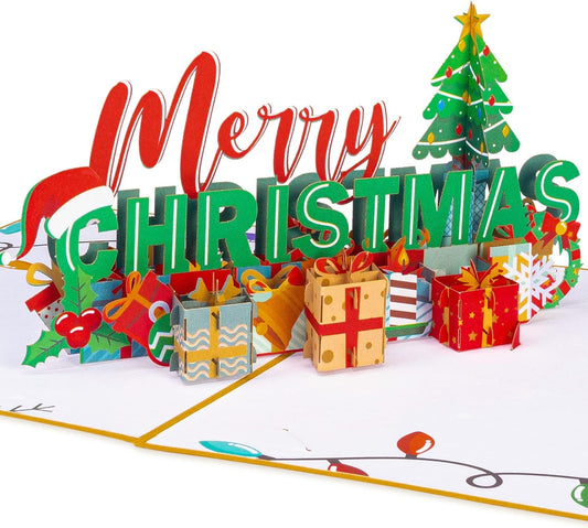 Pop up Christmas Card, 3D Merry Christmas, for Christmas or Holidays, 5" X 7" Cover - Includes Envelope and Removable Note Tag