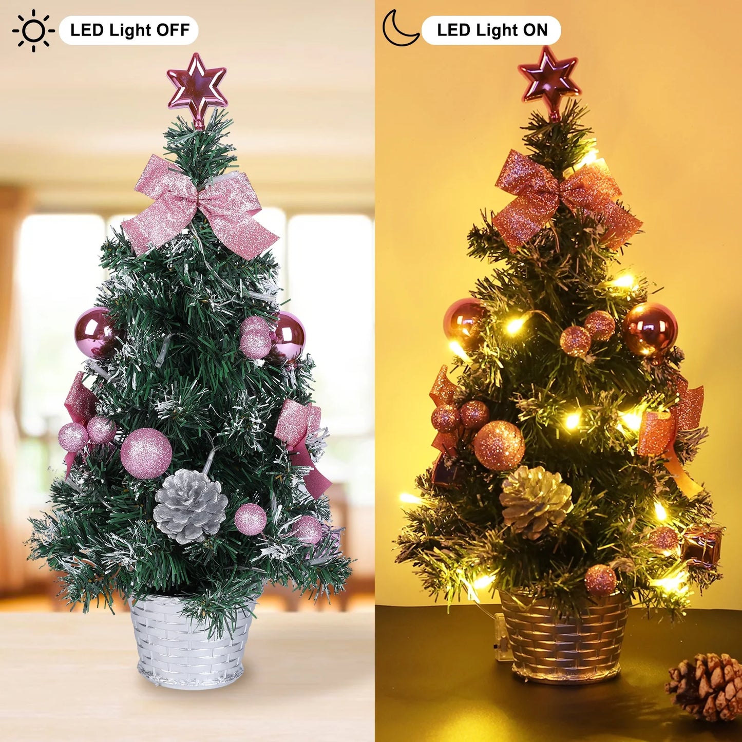 Mini Christmas Tree, 18" Artificial Small Christmas Tree with LED String Lights, Tabletop Christmas Tree with Pine Cones Christmas Balls Ornaments for Christmas Decorations