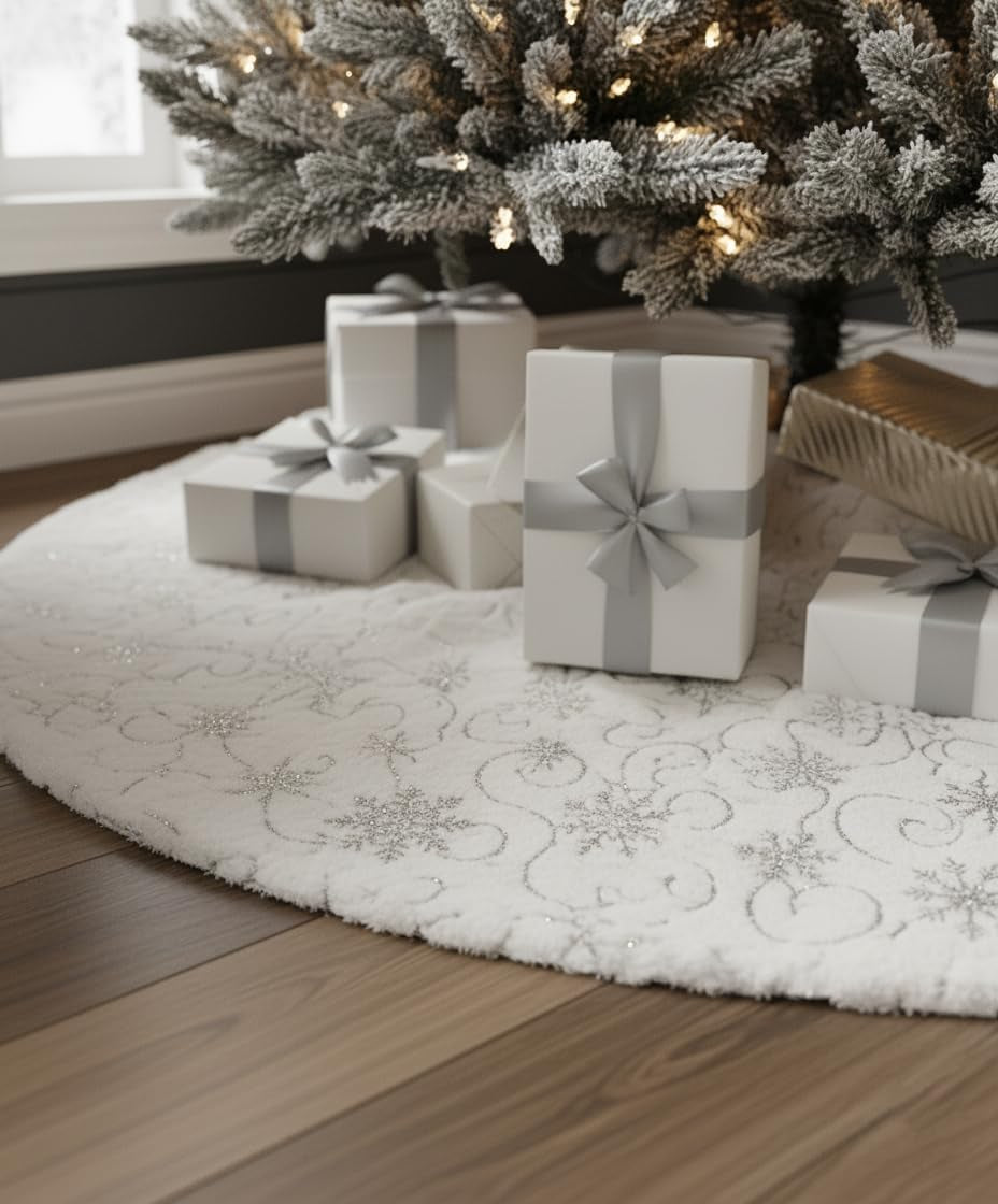 48 Inch Sequin Faux Fur Christmas Tree Skirt for Christmas Tree Decorations White Plush Silver Sequin Snowflake Tree Skirt