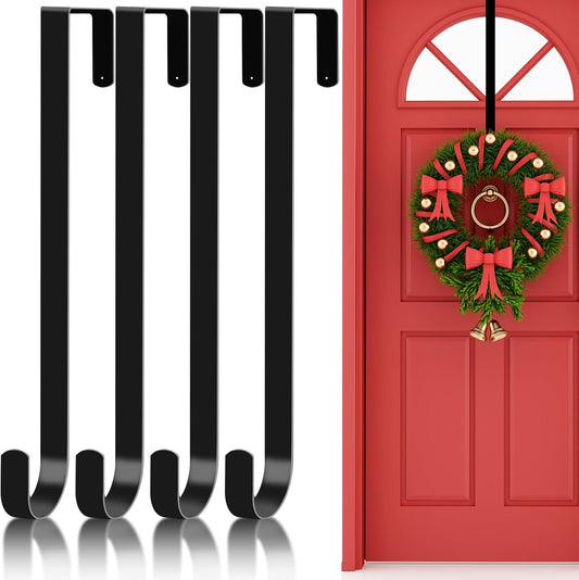 Black Wreath Hanger for Front Door, Metal Wreath Hooks Holder over the Door Wreath Hanger for Hanging Christmas Decorations Xmas Decor (4 Pack-Black, 15 Inch)