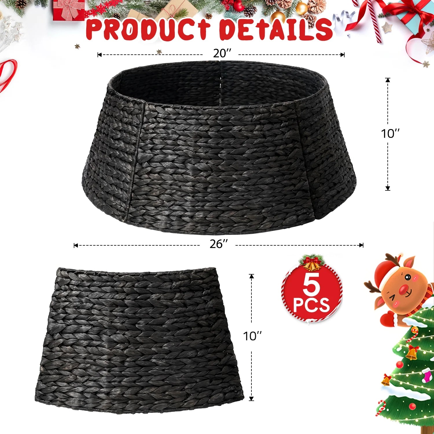 26In Woven Hyacinth Christmas Tree Collar, Christmas Tree Decorations, Tree Skirt Accessory W/ Cord Cut-Out | Black