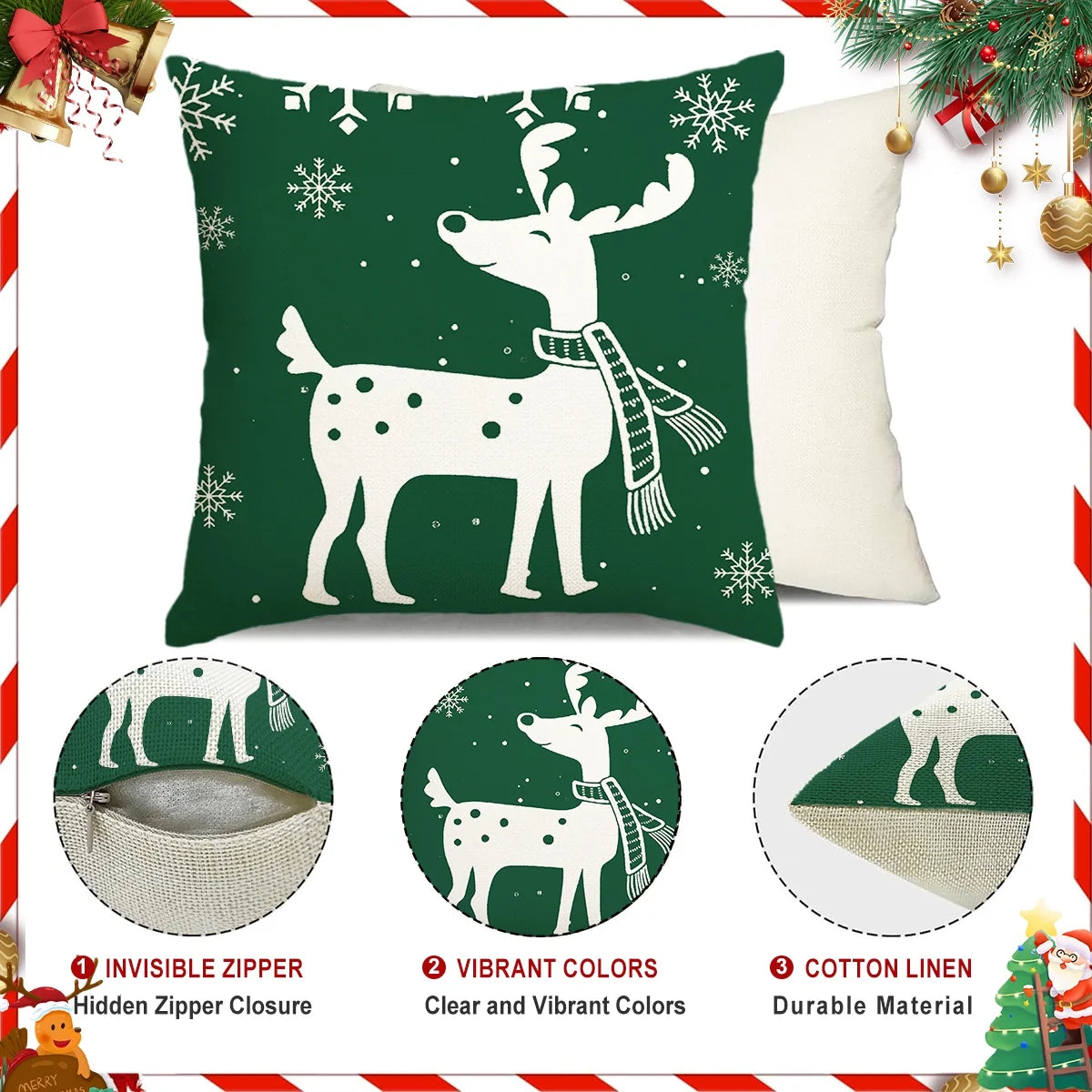 Christmas Throw Pillow Covers 18''X18'' Set of 4 Decorative Holiday Pillows Cover Cases Farmhouse Decor for Xmas Decoration Home Couch Sofa, Green