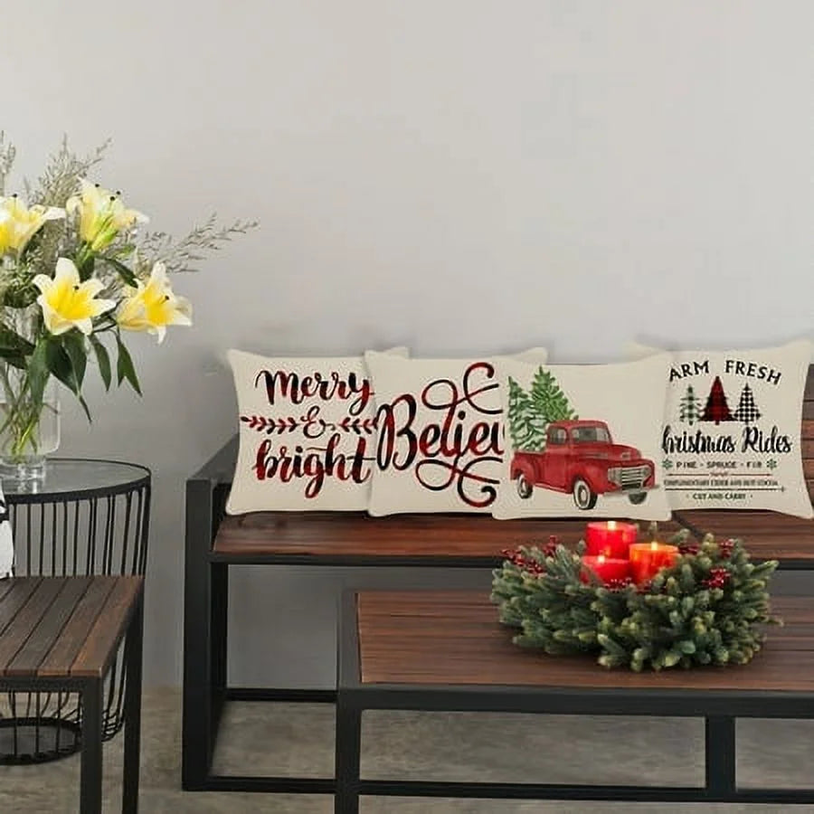 Christmas Pillow Covers 18 X 18 Inch Decorations Farmhouse Indoor Christmas Tree Decorativethrow Pillow Cases (4 Count)