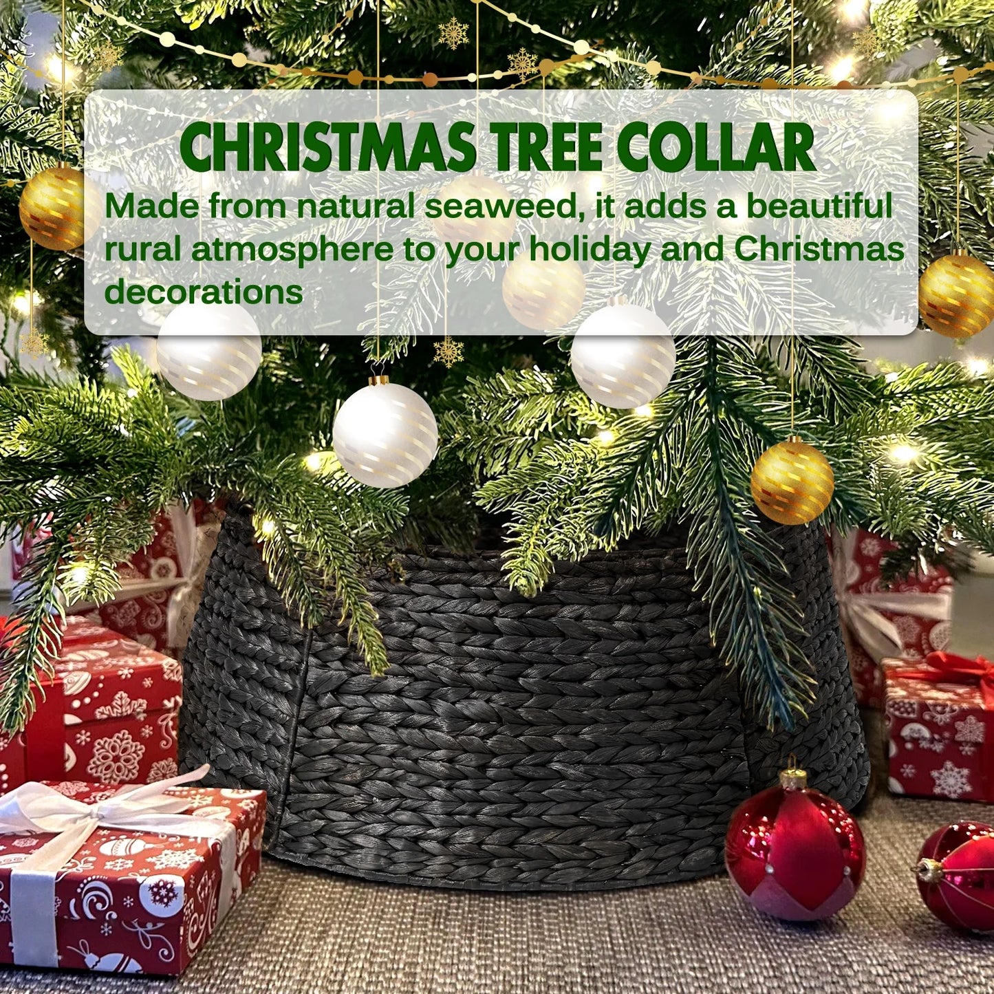 26In Woven Hyacinth Christmas Tree Collar, Christmas Tree Decorations, Tree Skirt Accessory W/ Cord Cut-Out | Black