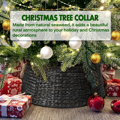 26In Woven Hyacinth Christmas Tree Collar, Christmas Tree Decorations, Tree Skirt Accessory W/ Cord Cut-Out | Black