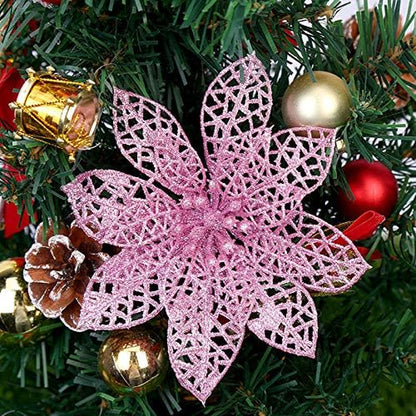 Pack of 10 Glitter Pink Poinsettia Christmas Tree Ornaments (Pink)