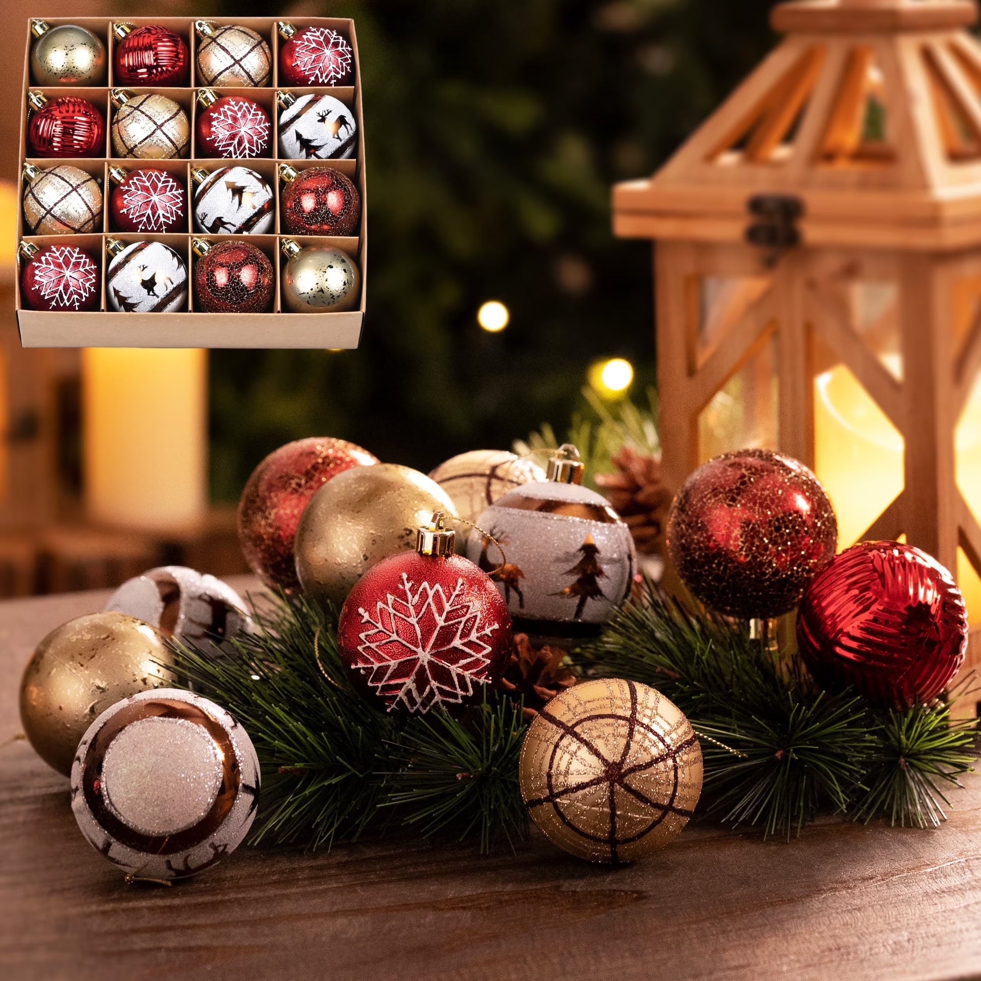 16Ct 2.36 Inches Christmas Decor, Shatterproof Rustic Red White Copper Assorted Hanging Christmas Ball Ornaments for Party and Christmas Gift