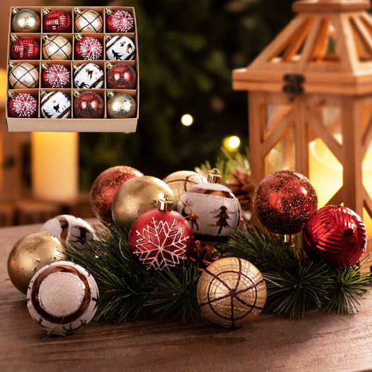 16Ct 2.36 Inches Christmas Decor, Shatterproof Rustic Red White Copper Assorted Hanging Christmas Ball Ornaments for Party and Christmas Gift