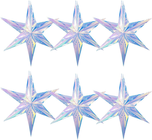 6 Pack 15.74 Inch Iridescent Ornament Star Hanging Decorations Hexagon Star Clear Foil Decorative Folding Rainbow Shine Party Ornaments for Bridal Shower Wedding Birthday Frozen Theme Decoration