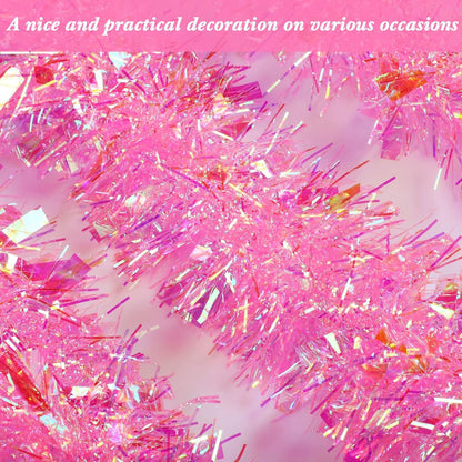 40 Feet Christmas Tinsel Garland Metallic Foil Twist Tinsel Garland Decoration for Christmas Tree, Wedding, Birthday and Party Hanging Decorations(Pink, Rainbow)