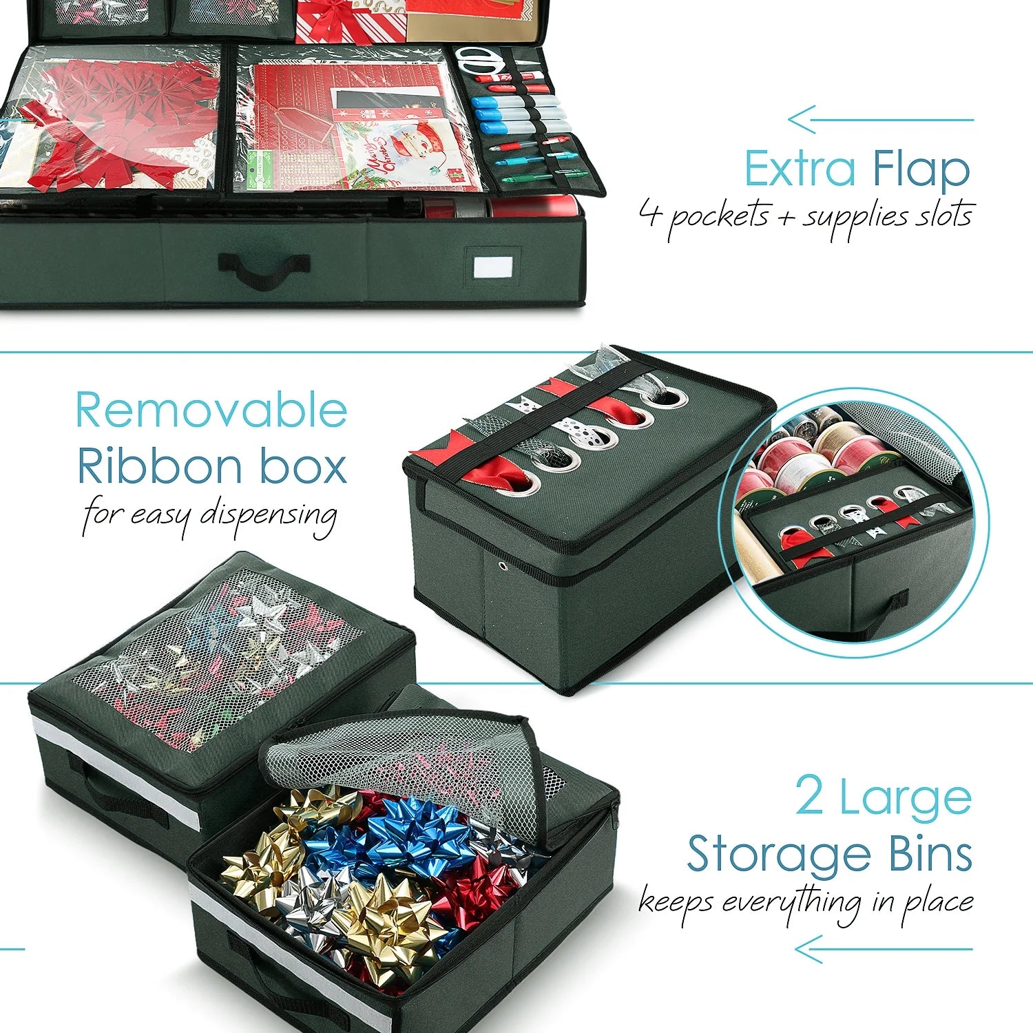 Holiday Storage with Extra 2 PC of Christmas Storage Bins and Ribbon Storage Organizer - Wrapping Paper Storage Containers with Wheels Fits up to 30 Rolls of 40" Length, Green