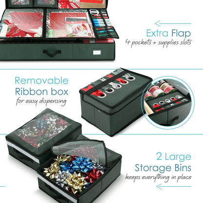 Holiday Storage with Extra 2 PC of Christmas Storage Bins and Ribbon Storage Organizer - Wrapping Paper Storage Containers with Wheels Fits up to 30 Rolls of 40" Length, Green