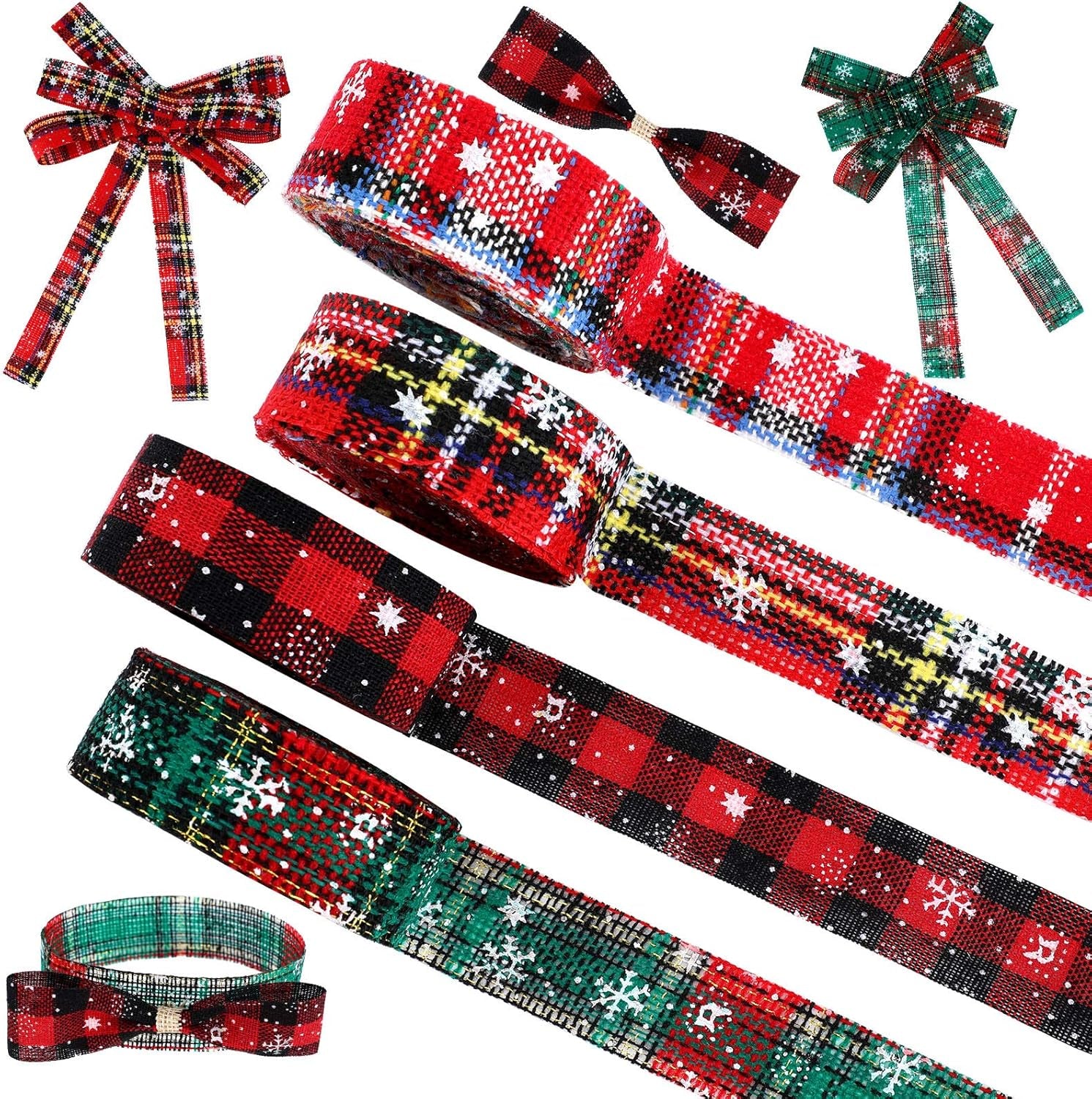 4 Rolls Christmas Plaid Ribbon 24 Yards Snowflake Ribbon Red and Green Plaid Burlap Xmas Decorative Wrapping for Holiday Crafts DIY Wreath Bow Xmas Tree Bow Gift Decor(1 Inch)