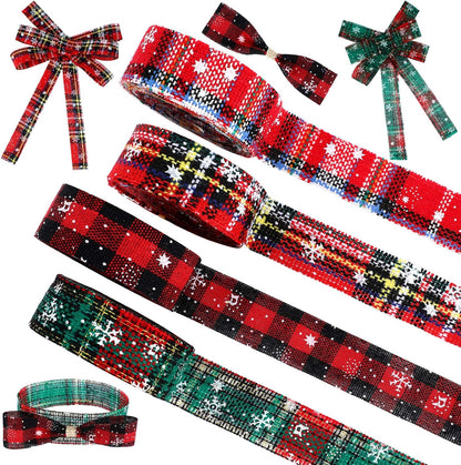 4 Rolls Christmas Plaid Ribbon 24 Yards Snowflake Ribbon Red and Green Plaid Burlap Xmas Decorative Wrapping for Holiday Crafts DIY Wreath Bow Xmas Tree Bow Gift Decor(1 Inch)