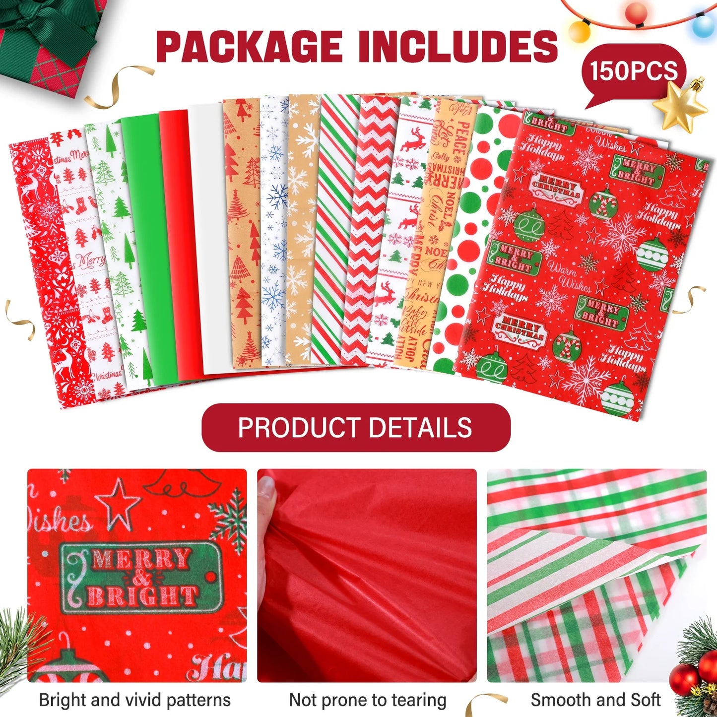 150Pcs Christmas Tissue Paper Sheets Christmas Wrapping Paper Xmas Tissue Paper for Gift Bags Gift Wrap