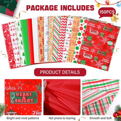 150Pcs Christmas Tissue Paper Sheets Christmas Wrapping Paper Xmas Tissue Paper for Gift Bags Gift Wrap