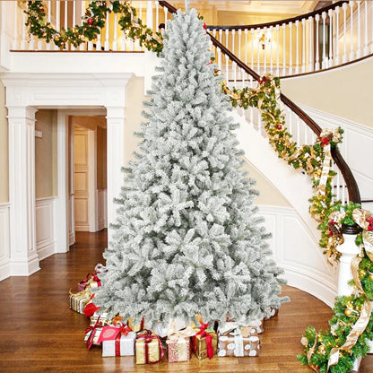 9Ft Snow Flocked Christmas Tree with 2028 Tips, Artificial Snowy Xmas Pine Tree with Reinforced Metal Base for Home Office Party Holiday Decorations ,White(No Light)