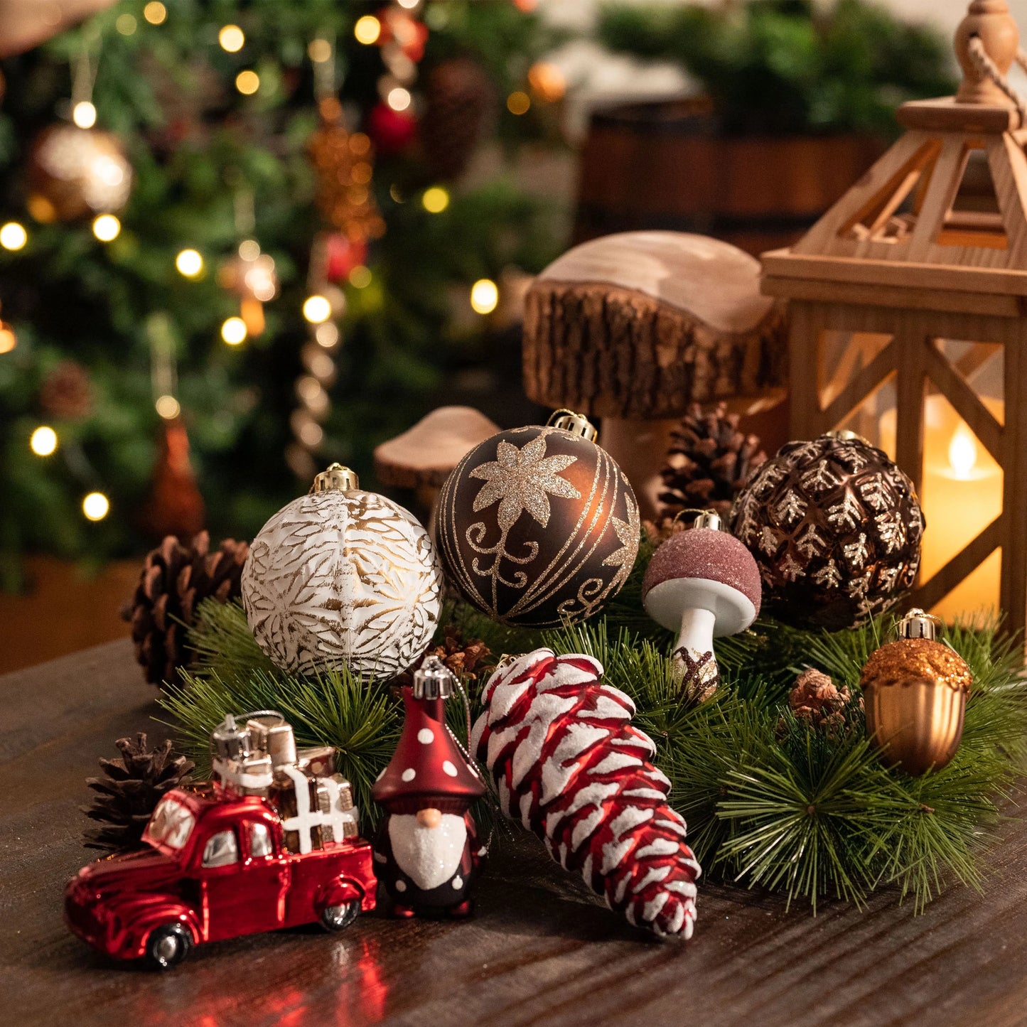 60Ct Fall Shatterproof Ornaments, Rustic Red White Copper Harvest Hanging Decorations for Home, Autumn Thanksgiving Ornaments with Leaves and Acorns for Fall Celebration Party Gift