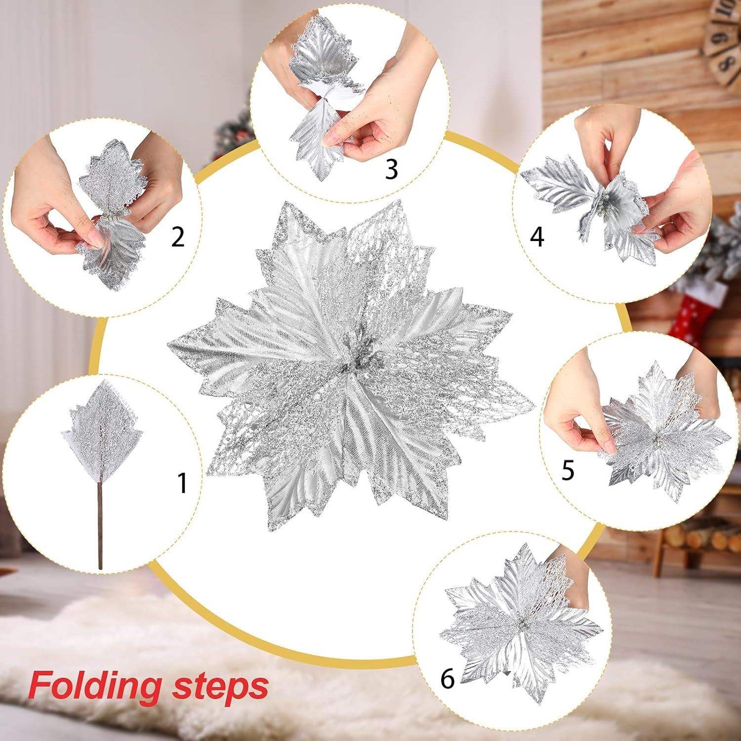 Christmas Tree Topper Decorations 34X12 Inch Large Christmas Bows Tree Ornaments and 24 Pcs Christmas Tree Flowers for Christmas Holiday Party Decorative (Silver)