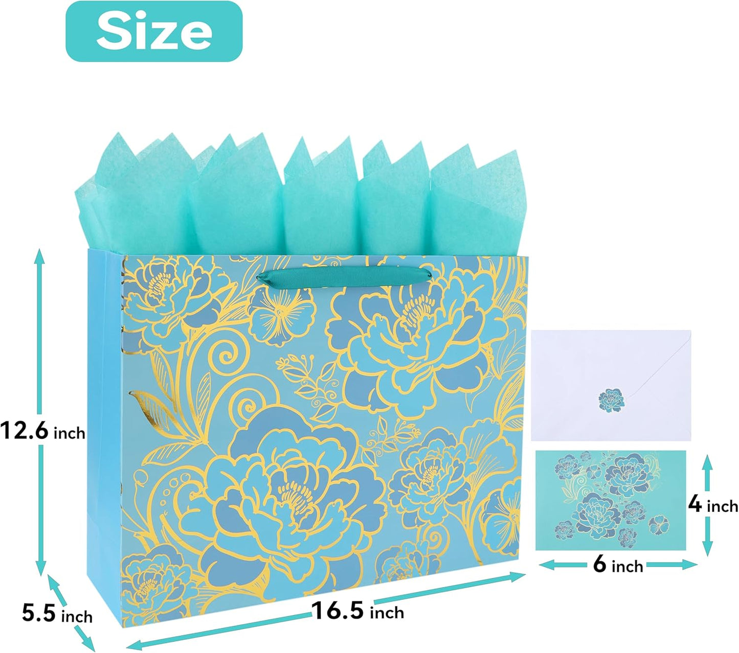 16.5” Extra Large Rose Green Gift Bag Set with Handles, Greeting Card, Tissue Pa