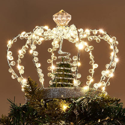 Illuminated Jeweled Crown Tree Topper with 60 Warm White Lights, Metal Design