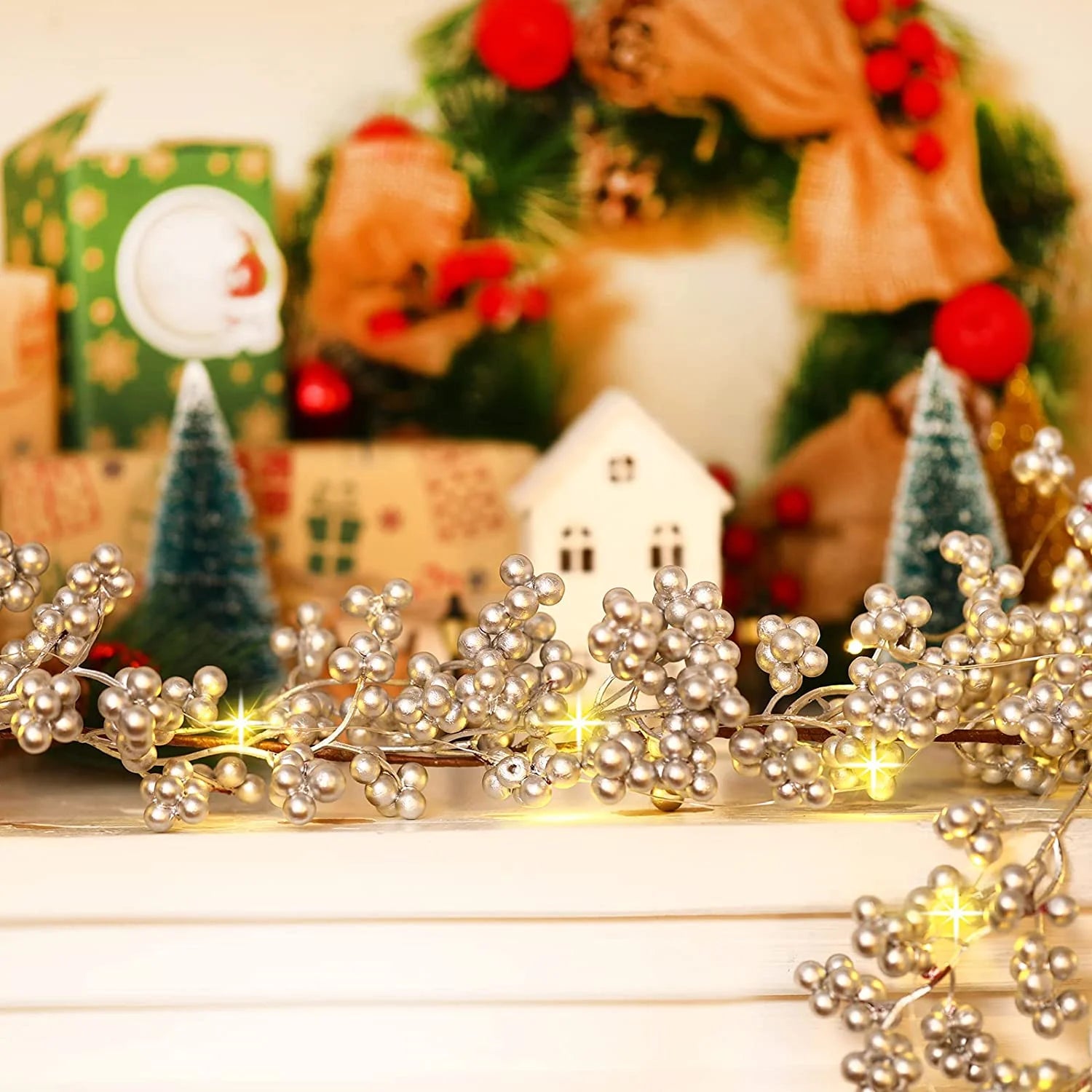 5.9Ft Silver Berry Christmas Garland with Light Artificial Garland for Indoor Mantle Staircase Home Xmas Decoration