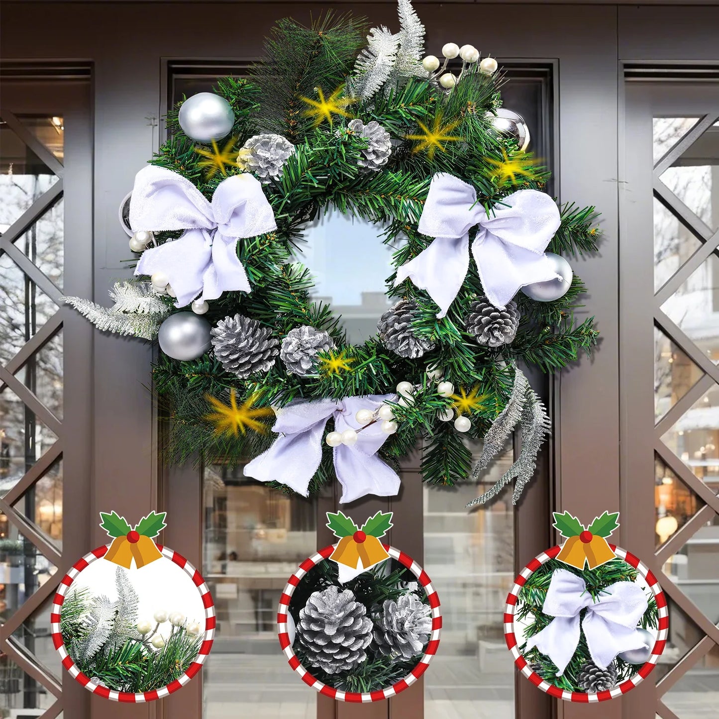 20 Inch Christmas Wreaths-Christmas Wreath with Lights Led,Battery Operated LED Light with Cute Little Decorations Wreath for Christmas Festival Party, Patio,Farmhouse Decoration