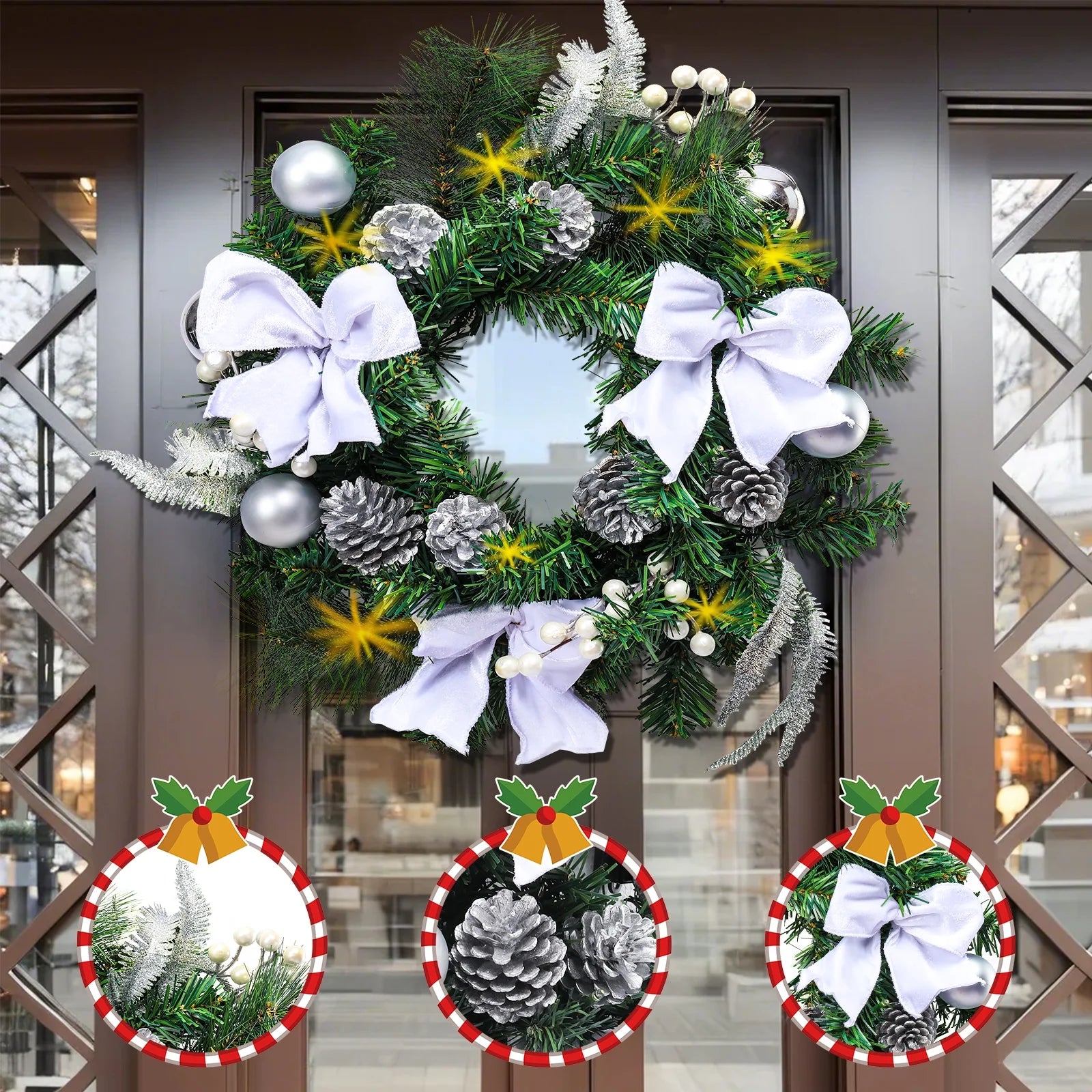 20 Inch Christmas Wreaths-Christmas Wreath with Lights Led,Battery Operated LED Light with Cute Little Decorations Wreath for Christmas Festival Party, Patio,Farmhouse Decoration
