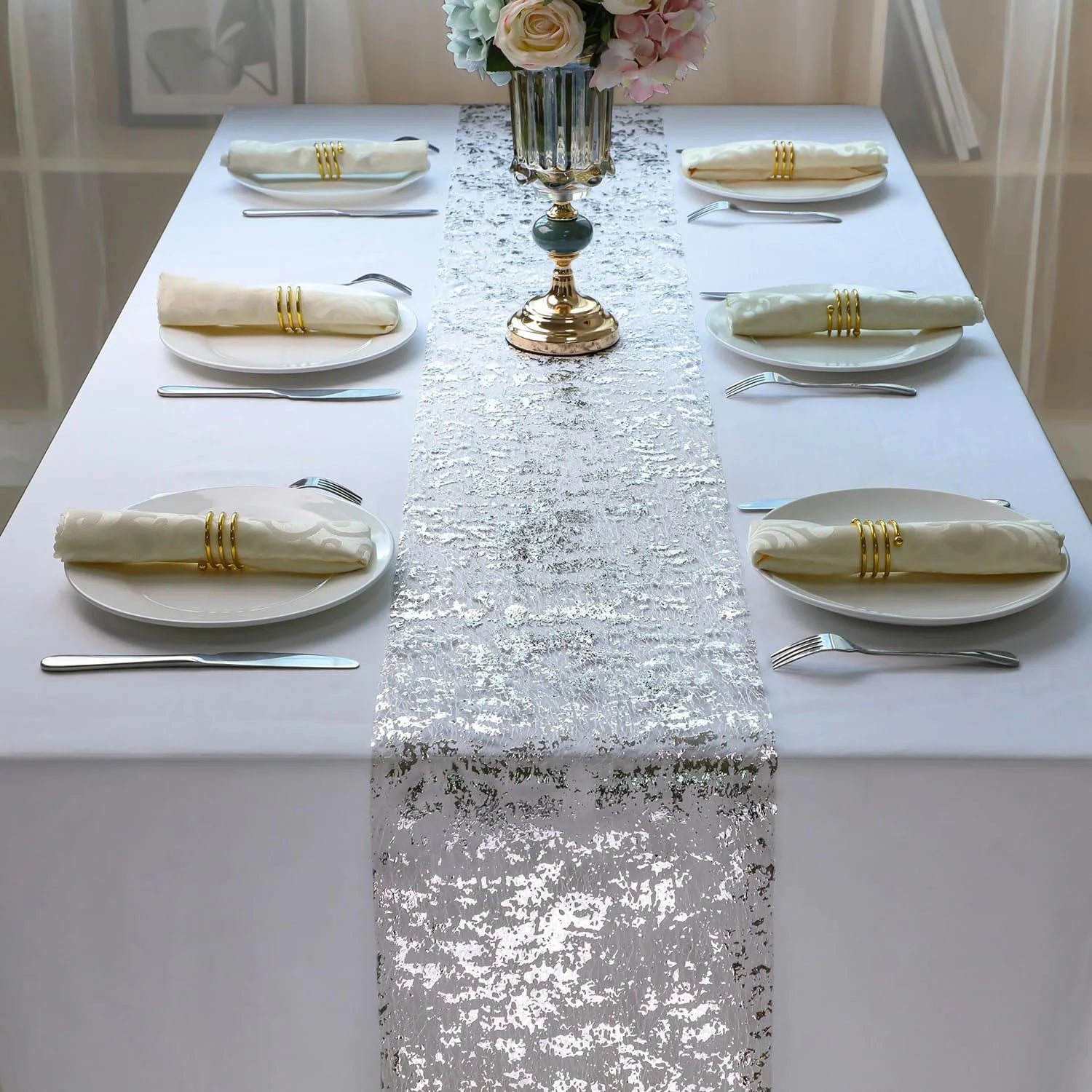 2Pcs 11*108" Gold Table Runner Sequin Glitter Foil Metallic Thin Mesh Tablecloth for Banquet Christmas Table Decor(Silver)