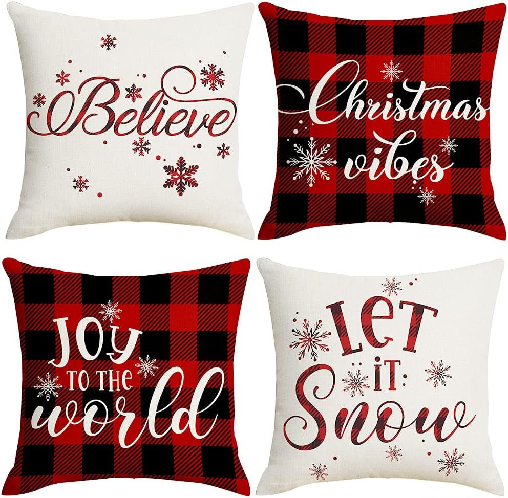 22X22 Christmas Pillow Covers, Decorative Farmhouse Christmas Vibes Believe Buffalo Plaid Let It Snow Outdoor Pillow Shams Cases Slipcovers Set of 4 for Couch Sofa