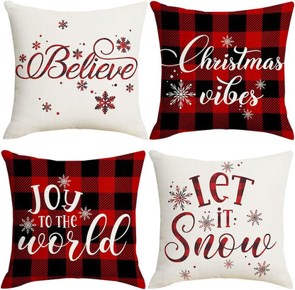 22X22 Christmas Pillow Covers, Decorative Farmhouse Christmas Vibes Believe Buffalo Plaid Let It Snow Outdoor Pillow Shams Cases Slipcovers Set of 4 for Couch Sofa