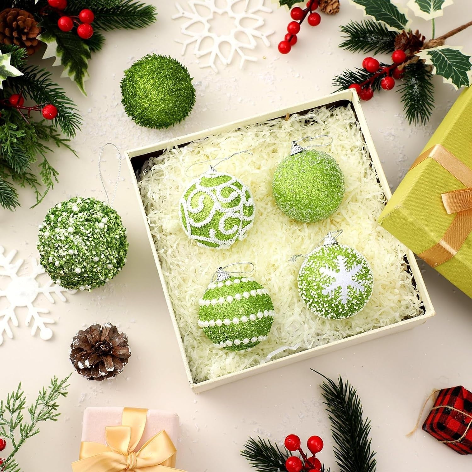 Syhood 12 Pcs 2.4 Inch Lime Green Christmas Ball Ornament Set Green Glitter F...