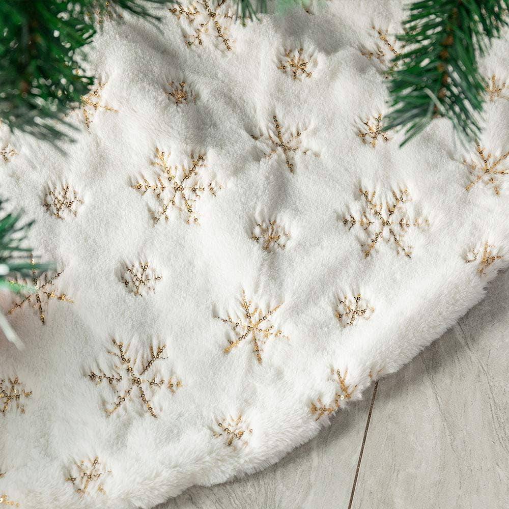 White Plush Christmas Tree Skirt - 90Cm Snow Fur Mat with Gold Sequin Snowflake Xmas Tree Skirt Base Cover for Christmas New Year Decorations (White, 35Inches)