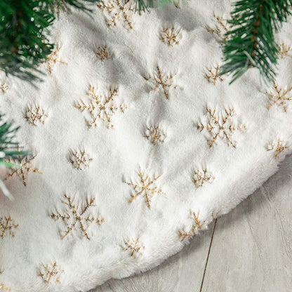 White Plush Christmas Tree Skirt - 90Cm Snow Fur Mat with Gold Sequin Snowflake Xmas Tree Skirt Base Cover for Christmas New Year Decorations (White, 35Inches)