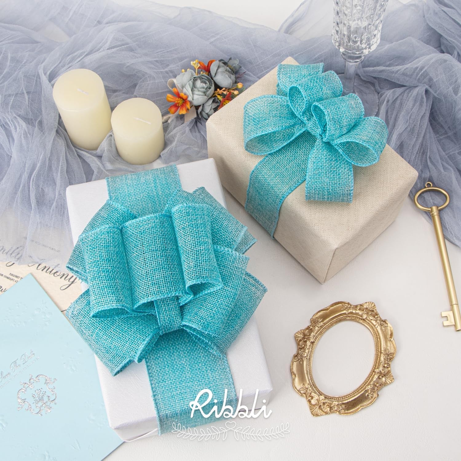 Light Blue/Ocean Blue Burlap Wired Ribbon,1-1/2” Inch X Continuous 10 Yard, Wired Edge Ribbon for Big Bow,Wreath,Tree Decoration,Outdoor Decoration