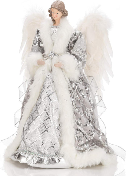 16 Inches Angel Tree Topper with Shiny Sequins Luxury Dress, Christmas Treetop Flying Angel Winged Diva Fairy Goddess Figurine Holiday Ornament, Silver Grey