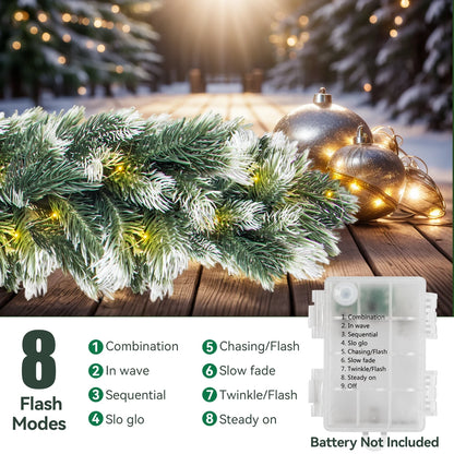 6FT Christmas Garland with Light, Seasonal Artificial Christmas Green Rattan Pine Cypress Garland Holiday Outdoor Winter Decor, 8 Modes Xmas Garland Indoor for Mantle Fireplace Stair Wreath