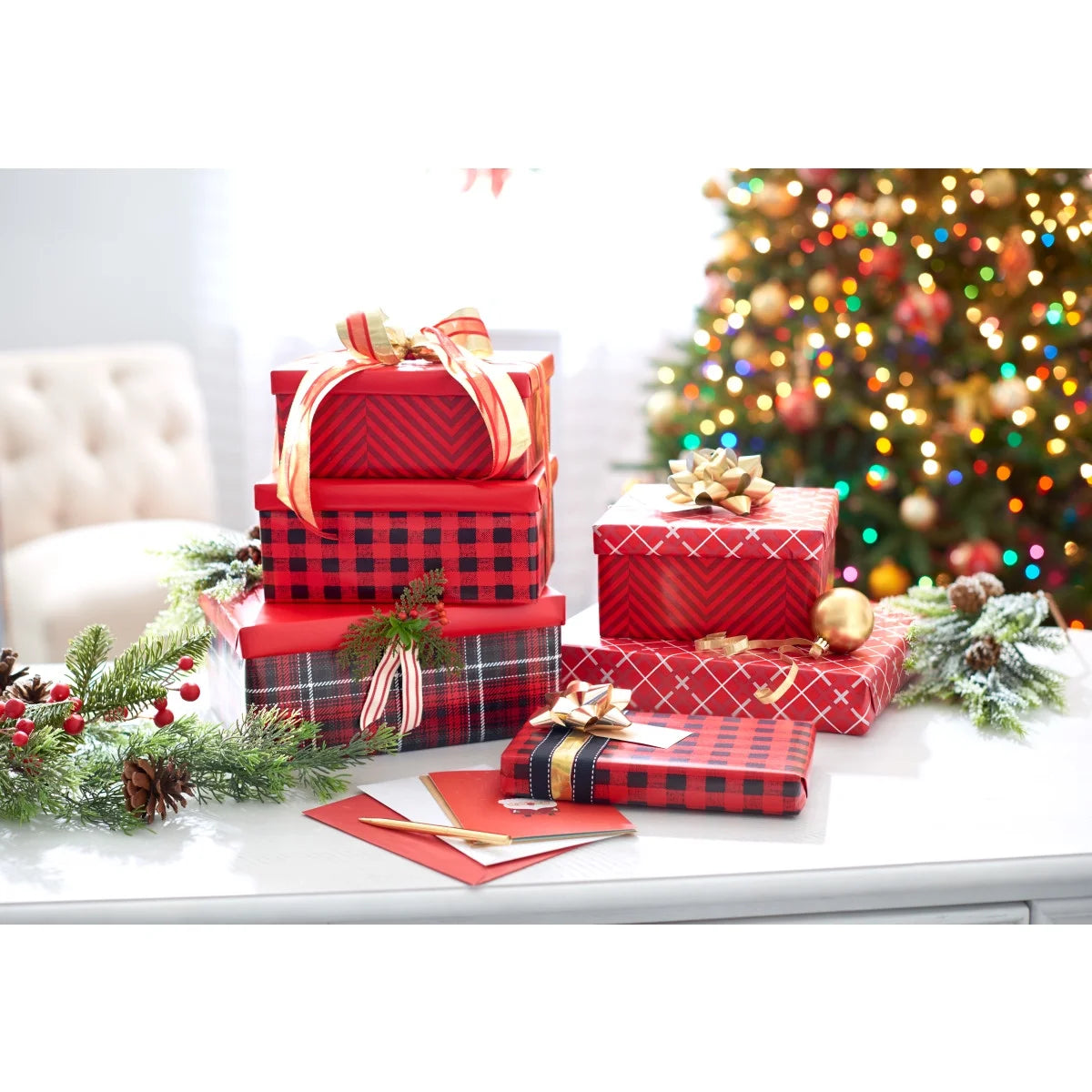 Wrapping Paper Kit with Gridlines, Bows and Gift Tags (4 Rolls, 41-Pieces, 120 Sq. Ft.)