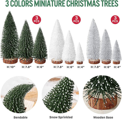 9Pcs Mini Christmas Trees Christmas Decor Artificial Christmas Decorations with 4 Sizes, Christmas Tree Bottle Brush Trees Christmas Table Decorations (Green Silver White)