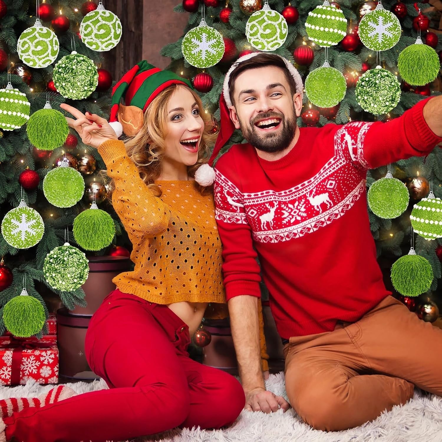 Syhood 12 Pcs 2.4 Inch Lime Green Christmas Ball Ornament Set Green Glitter F...