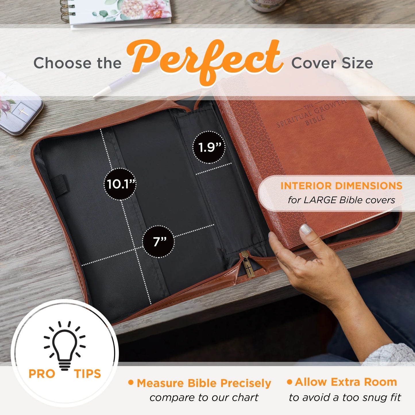 Classic Vegan Leather Bible Cover for Men & Women: Trust in the Lord Inspirational Bible Verse, Sturdy Easy Carry Book Case, Pen Loops, Pockets, Accessory Storage, Brown, XL